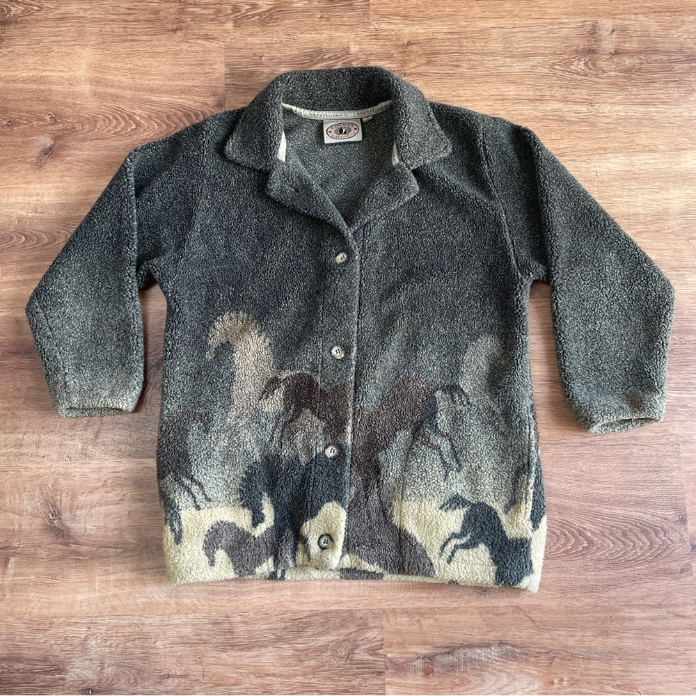 Vintage Womens Horse Print Sherpa Button‎ Teddy Jacket Small Collared Western #